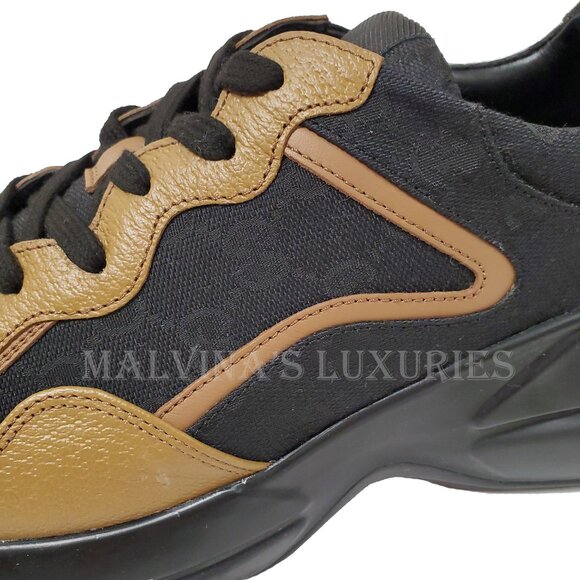 GUCCI SNEAKERS MENS RHYTON BLACK GG SUPREME BROWN LEATHER SHOES sz 8 8.5 - Picture 11 of 16